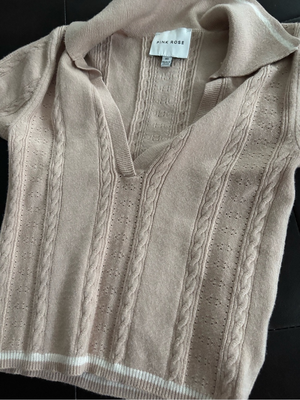 Ribbed Knit V-Neck Polo Crop Top in Beige - Picture 4 of 5